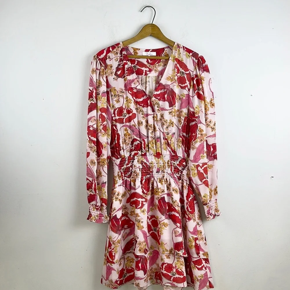 Parker Silk Dress Floral Long Sleeve Mini Size Medium Red Flowy Spring Summer - Picture 2 of 12
